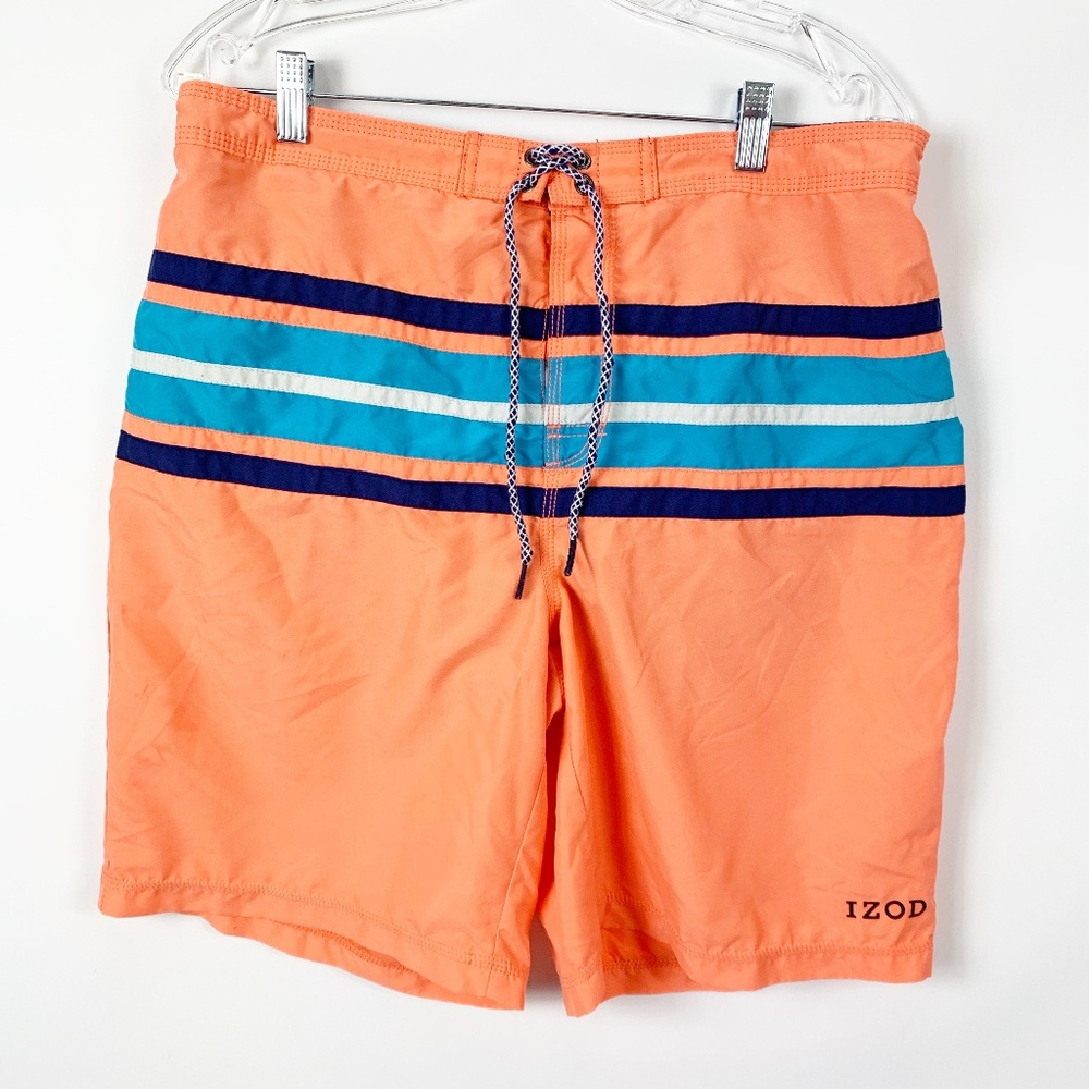 Izod Large Swim Trunks Orange Blue Lined Stripe 9"